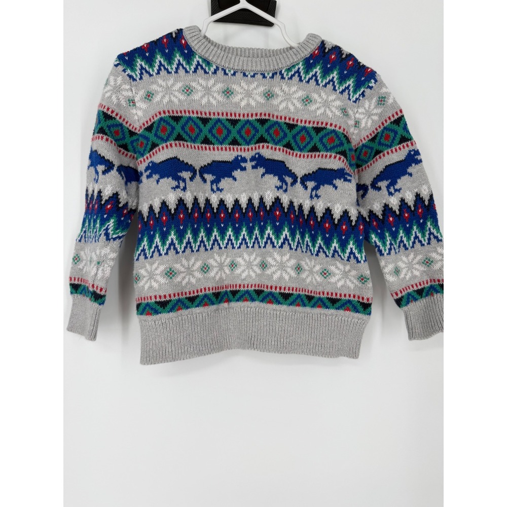OshKosh B'gosh Boys Sweater 24M Gray Dinosaur Fair Isle Winter Holiday Preppy